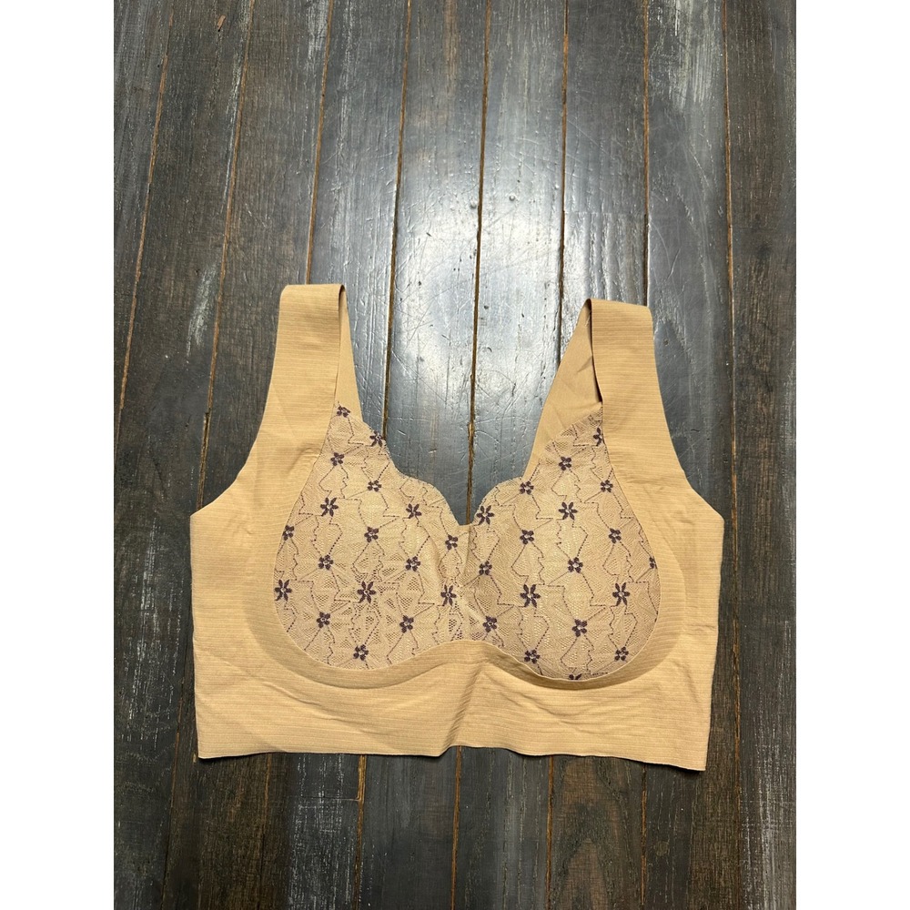 Tan Seamless Wireless Bralette Floral Lace Overlay Wide Strap Bra